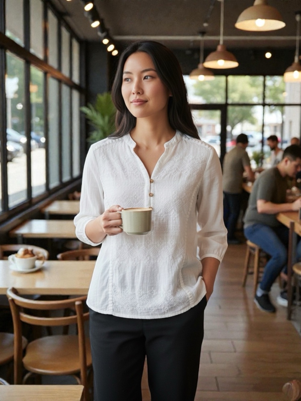 Democracy Cream Textured Henley Blouse with Pintuck Detail